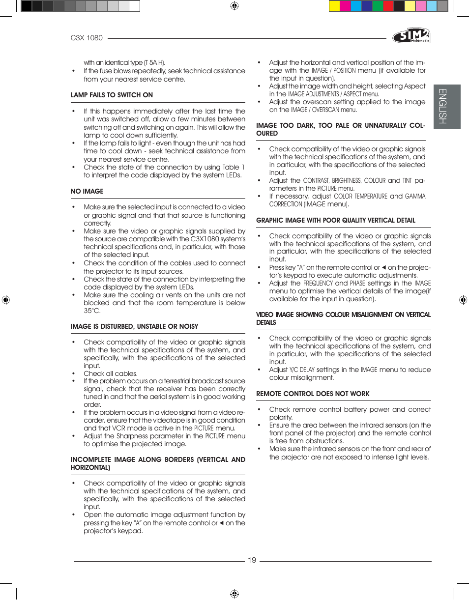 English | Sim2 C3X1080 User Manual | Page 20 / 29