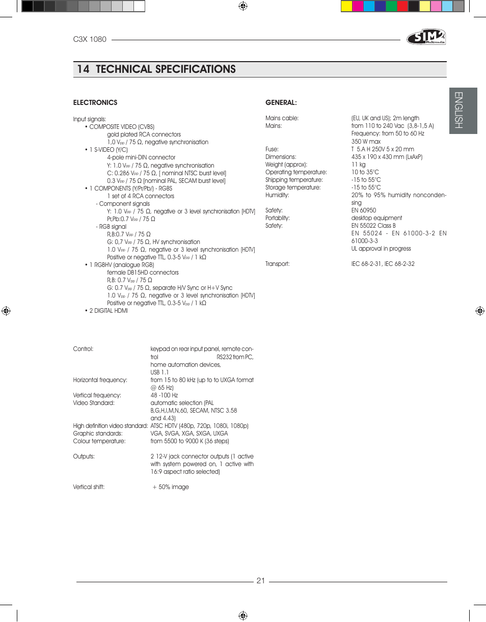 14 technical specifications, English | Sim2 C3X1080 User Manual | Page 22 / 29