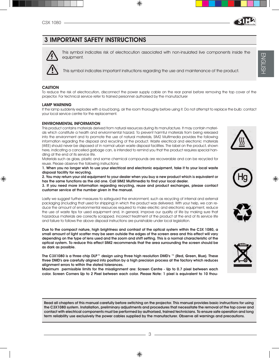 3 important safety instructions, English | Sim2 C3X1080 User Manual | Page 4 / 29