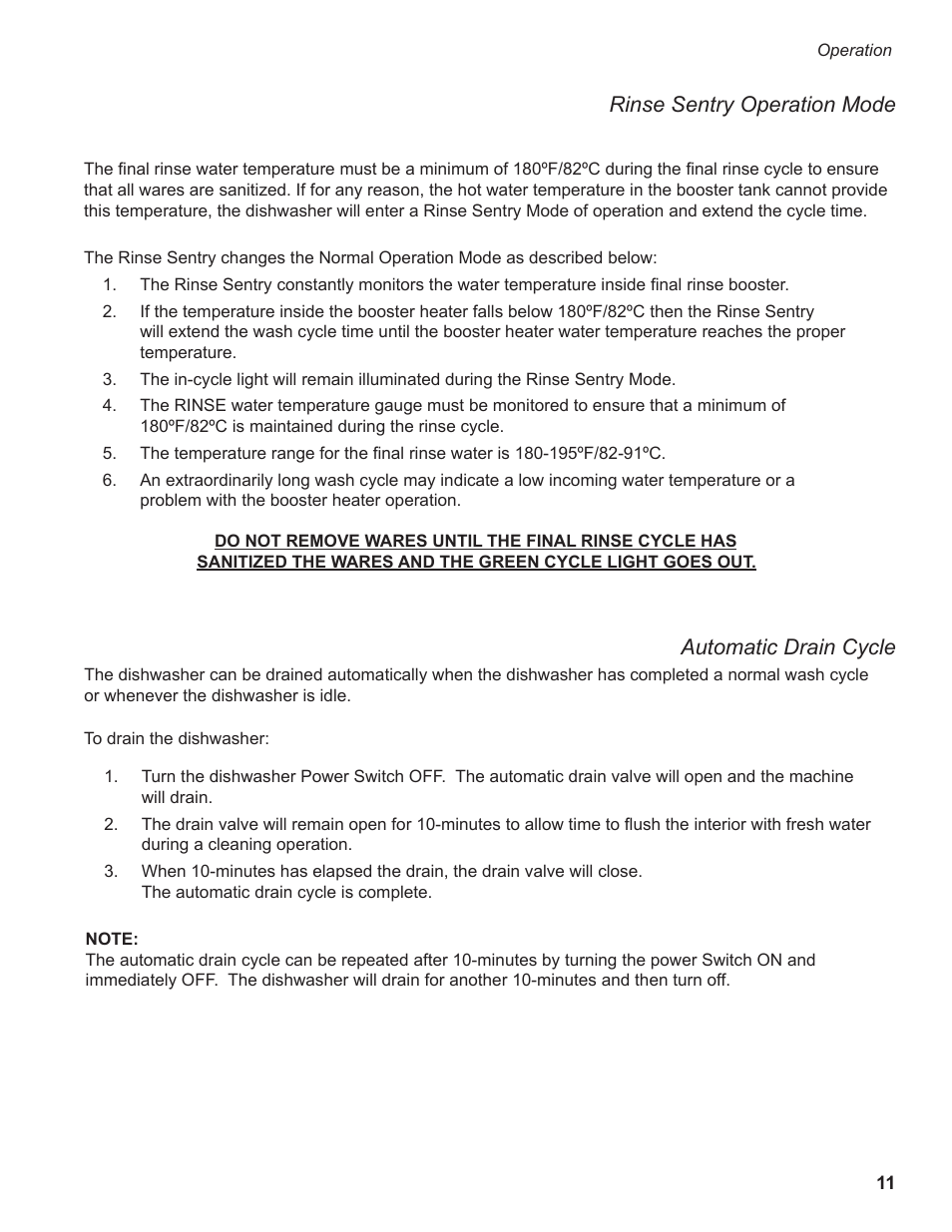 Rinse sentry operation mode, Automatic drain cycle | Champion Manufacturing DH2000 User Manual | Page 19 / 44