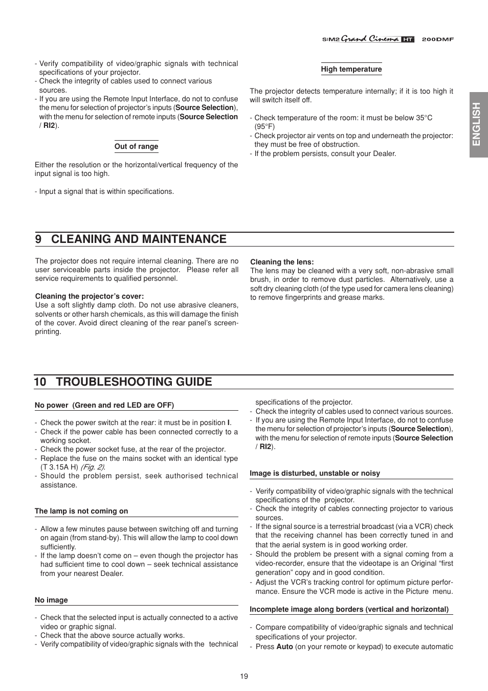 10 troubleshooting guide, 9 cleaning and maintenance, English | Sim2 HT200 DMF User Manual | Page 19 / 22