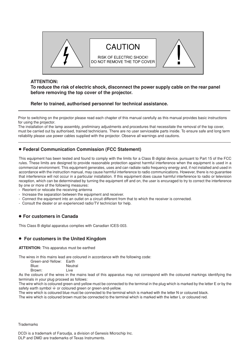 Caution | Sim2 HT200 DMF User Manual | Page 2 / 22