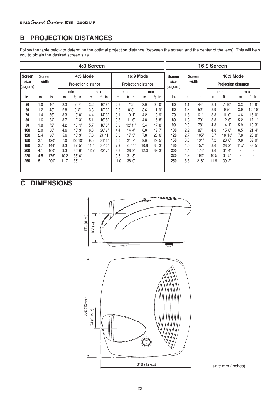 B projection distances, C dimensions | Sim2 HT200 DMF User Manual | Page 22 / 22