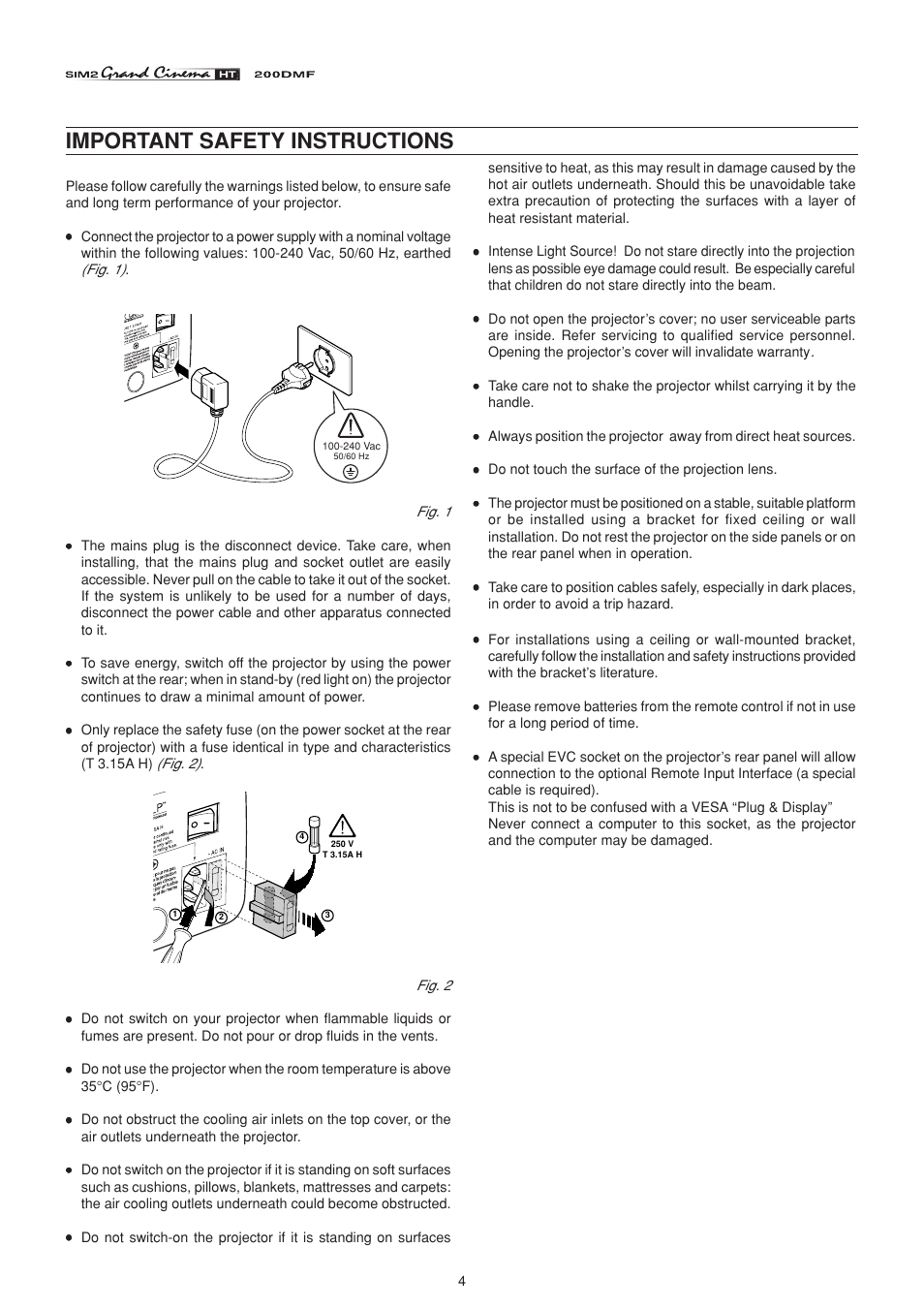 Important safety instructions | Sim2 HT200 DMF User Manual | Page 4 / 22