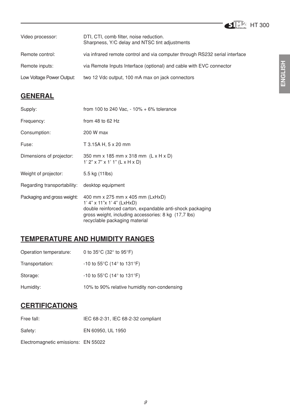 General, Temperature and humidity ranges, Certifications | Sim2 HT300 User Manual | Page 9 / 10