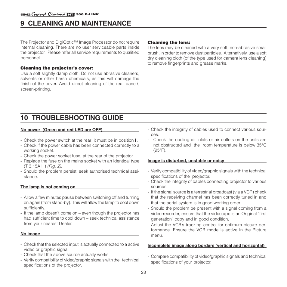 10 troubleshooting guide, 9 cleaning and maintenance | Sim2 HT300 E-Link User Manual | Page 28 / 40