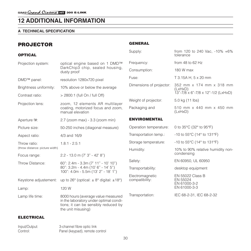 12 additional information, Projector | Sim2 HT300 E-Link User Manual | Page 30 / 40