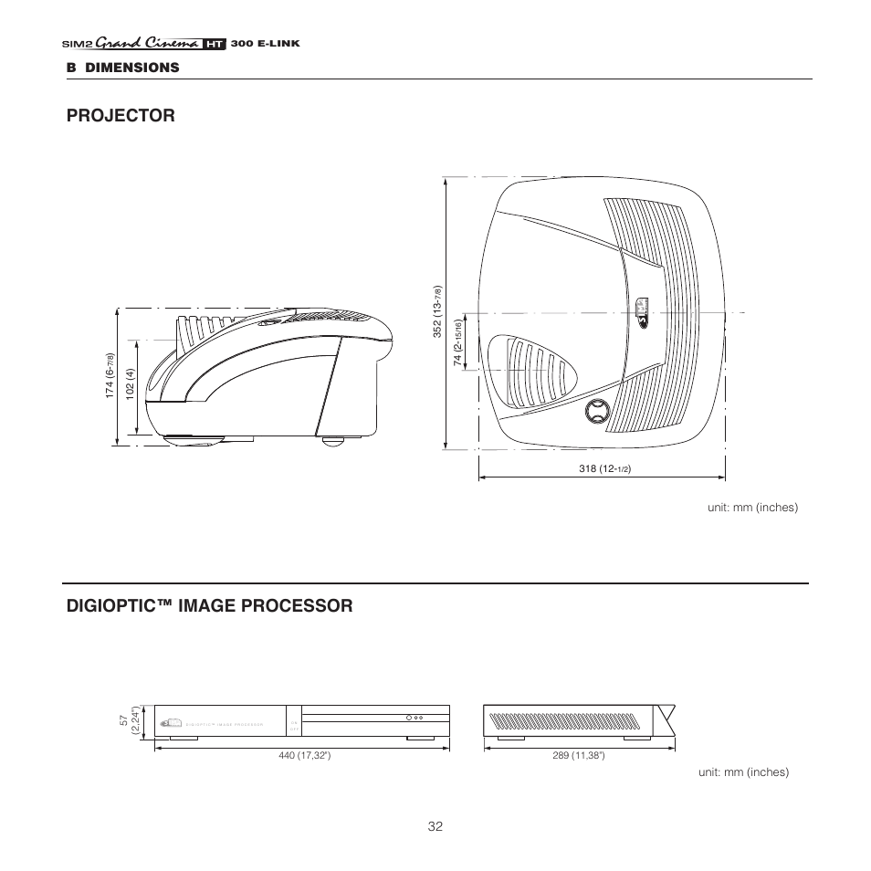 Projector digioptic™ image processor, B dimensions | Sim2 HT300 E-Link User Manual | Page 32 / 40