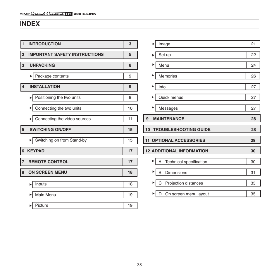 Index | Sim2 HT300 E-Link User Manual | Page 38 / 40