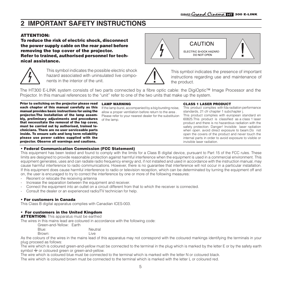 2 important safety instructions | Sim2 HT300 E-Link User Manual | Page 5 / 40