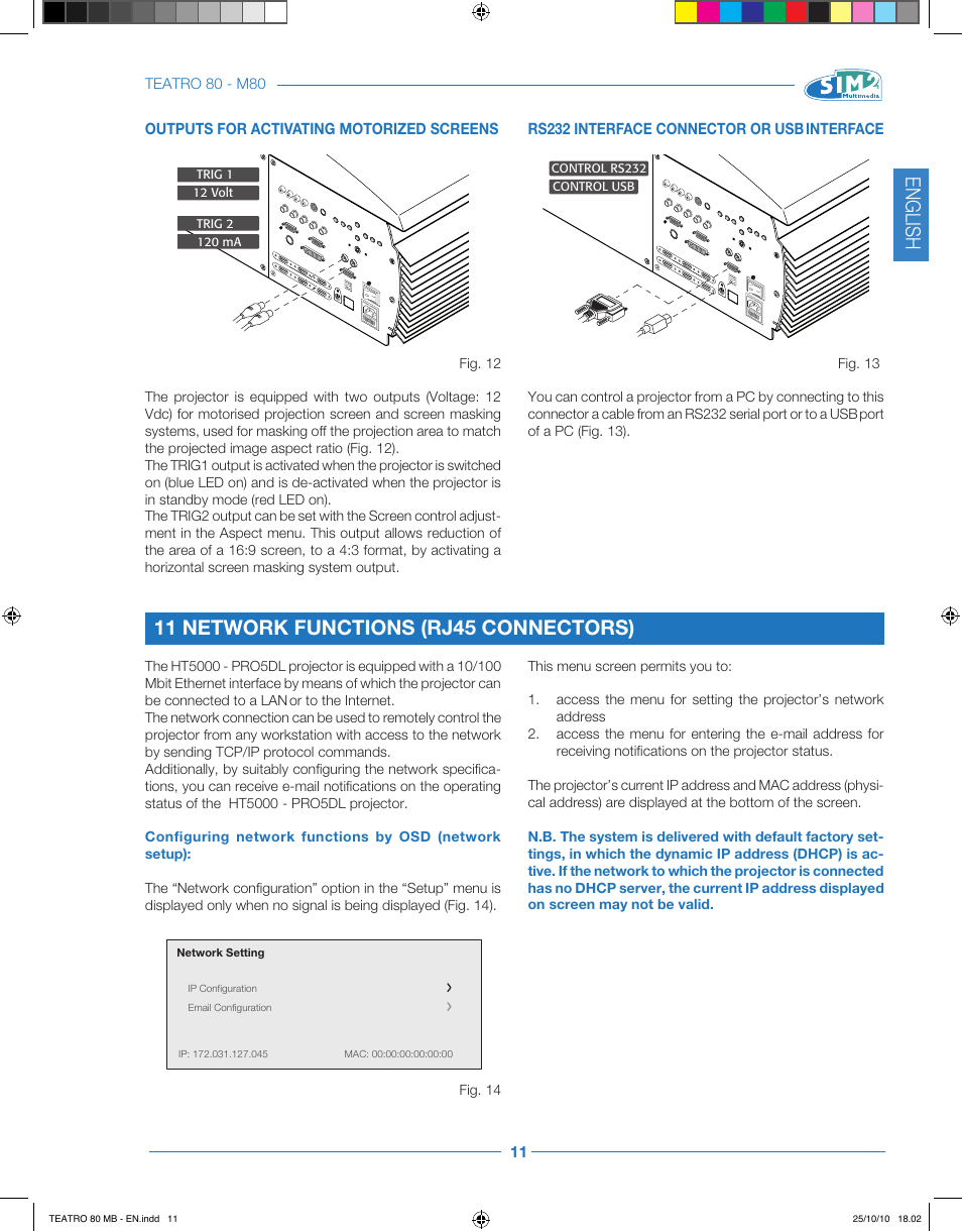 English, 11 network functions (rj45 connectors) | Sim2 Teatro 80 User Manual | Page 12 / 31