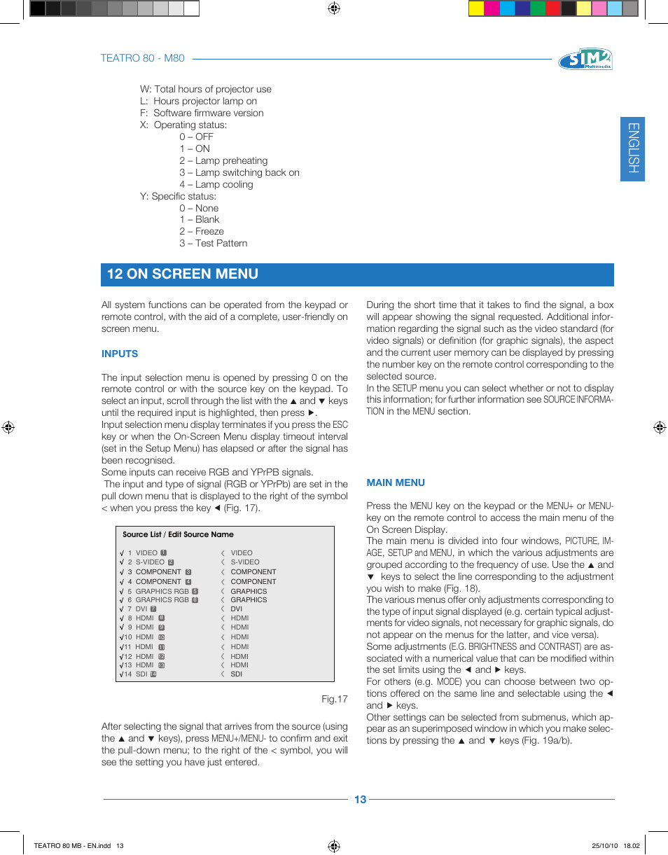 English, 12 on screen menu | Sim2 Teatro 80 User Manual | Page 14 / 31
