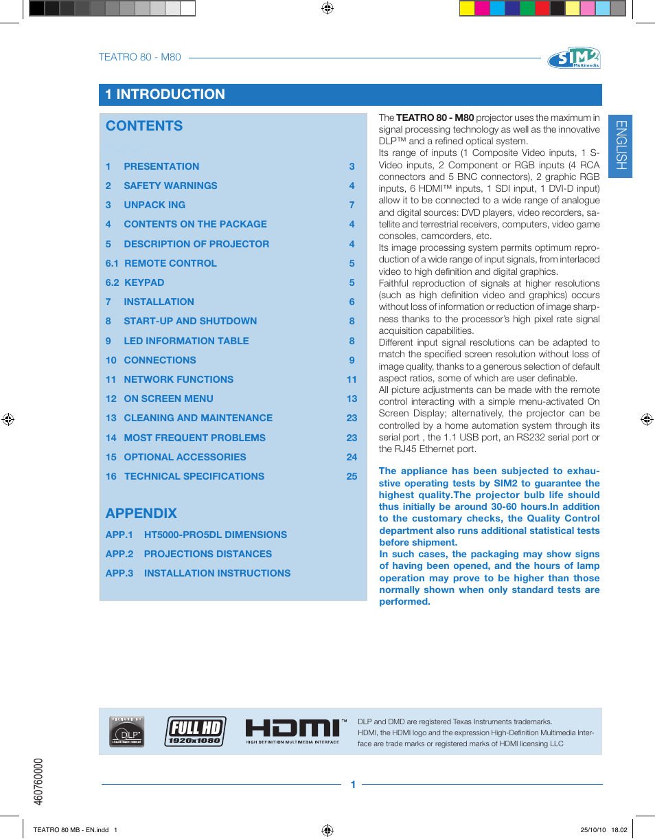 Full hd, English, 1 introduction indice contents | Appendix | Sim2 Teatro 80 User Manual | Page 2 / 31
