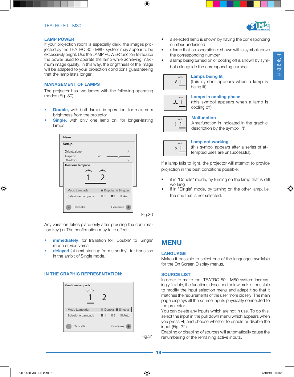 Menu, English | Sim2 Teatro 80 User Manual | Page 20 / 31