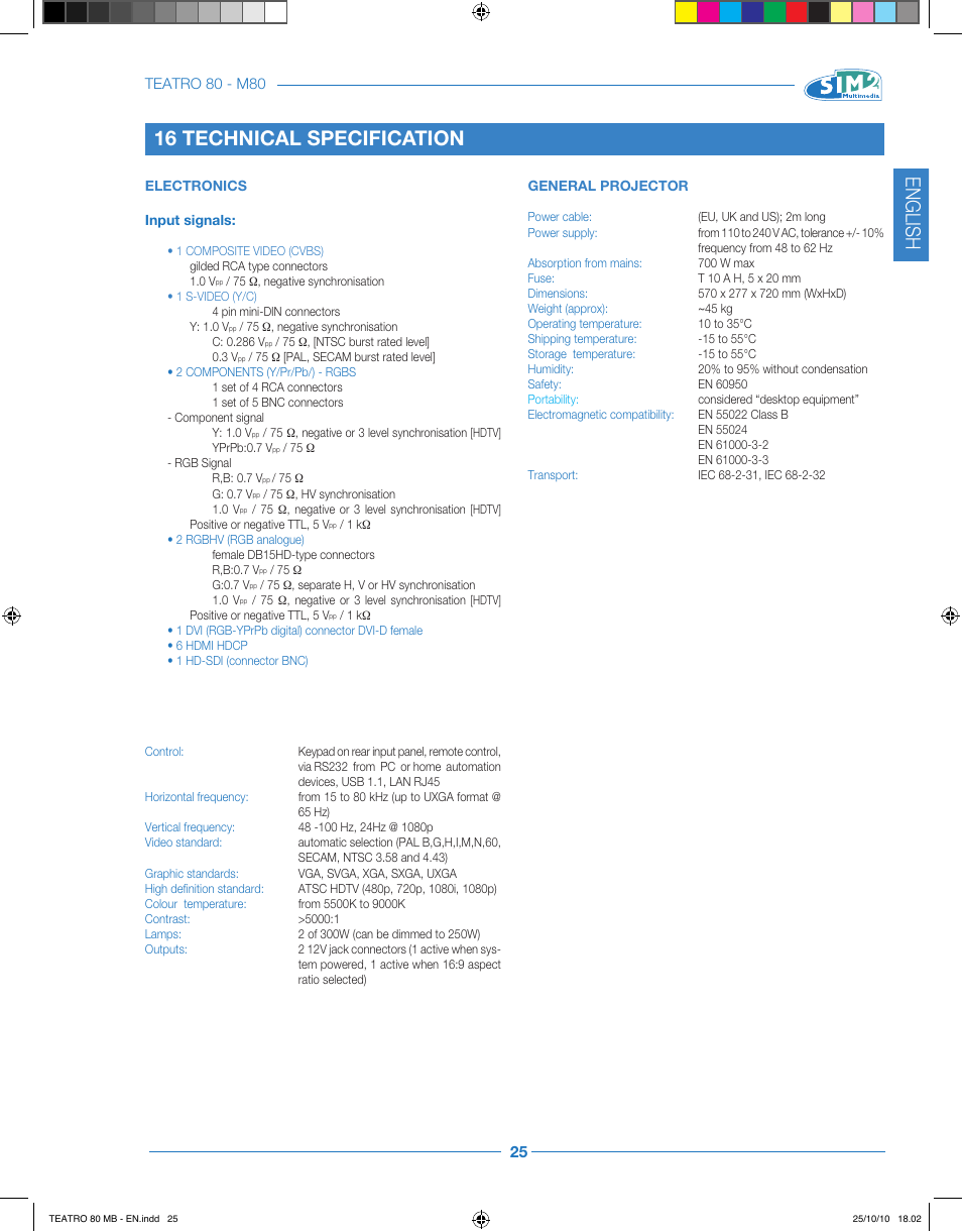 English, 16 technical specification | Sim2 Teatro 80 User Manual | Page 26 / 31