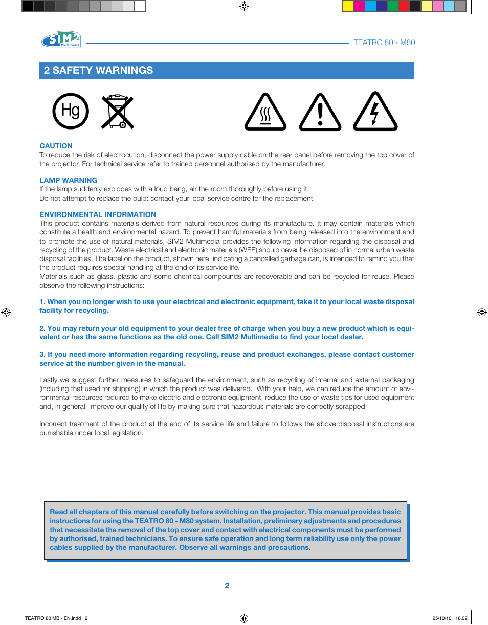 2 safety warnings | Sim2 Teatro 80 User Manual | Page 3 / 31