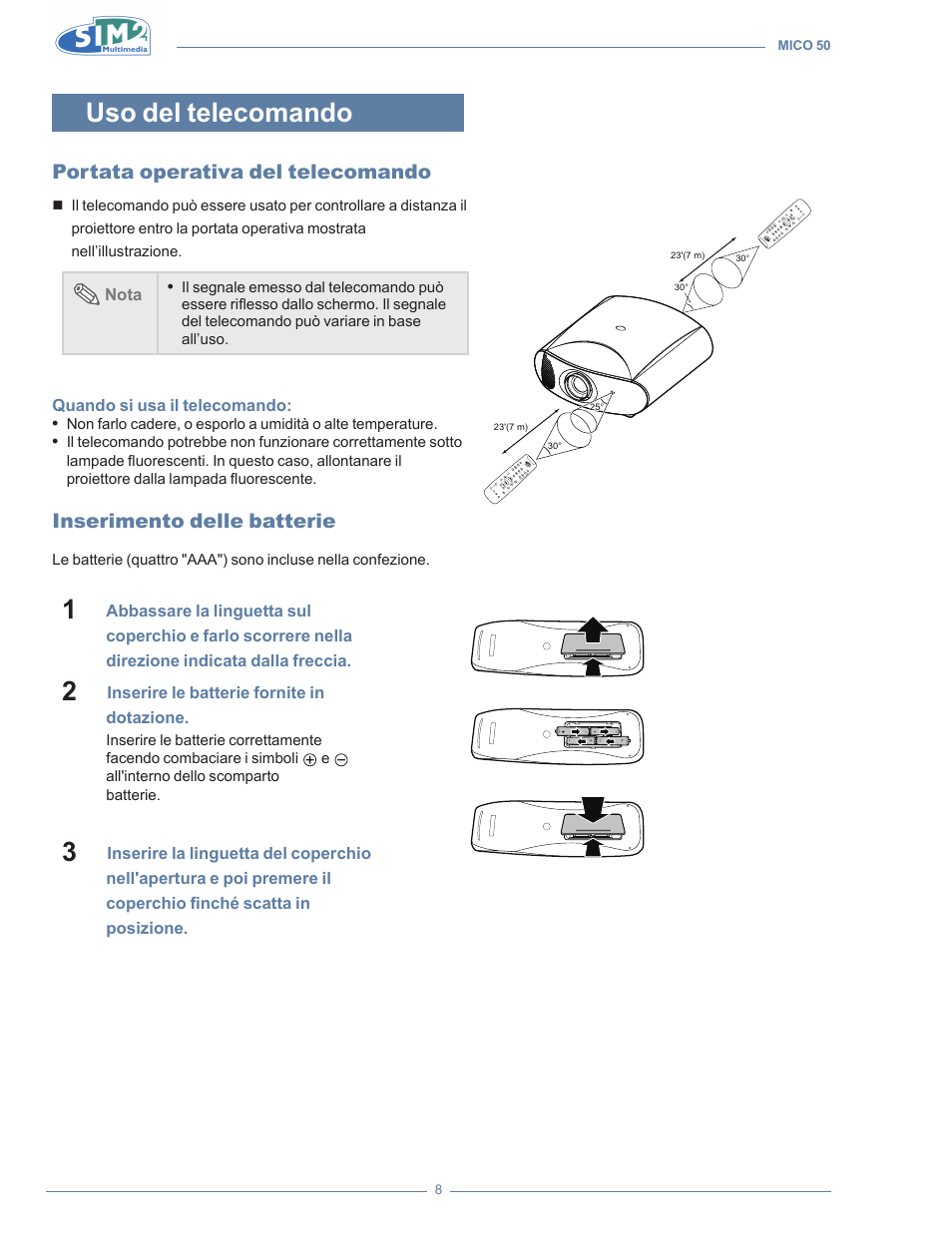 Uso del telecomando, Portata operativa del telecomando, Inserimento delle batterie | Sim2 MICO 50 User Manual | Page 10 / 277