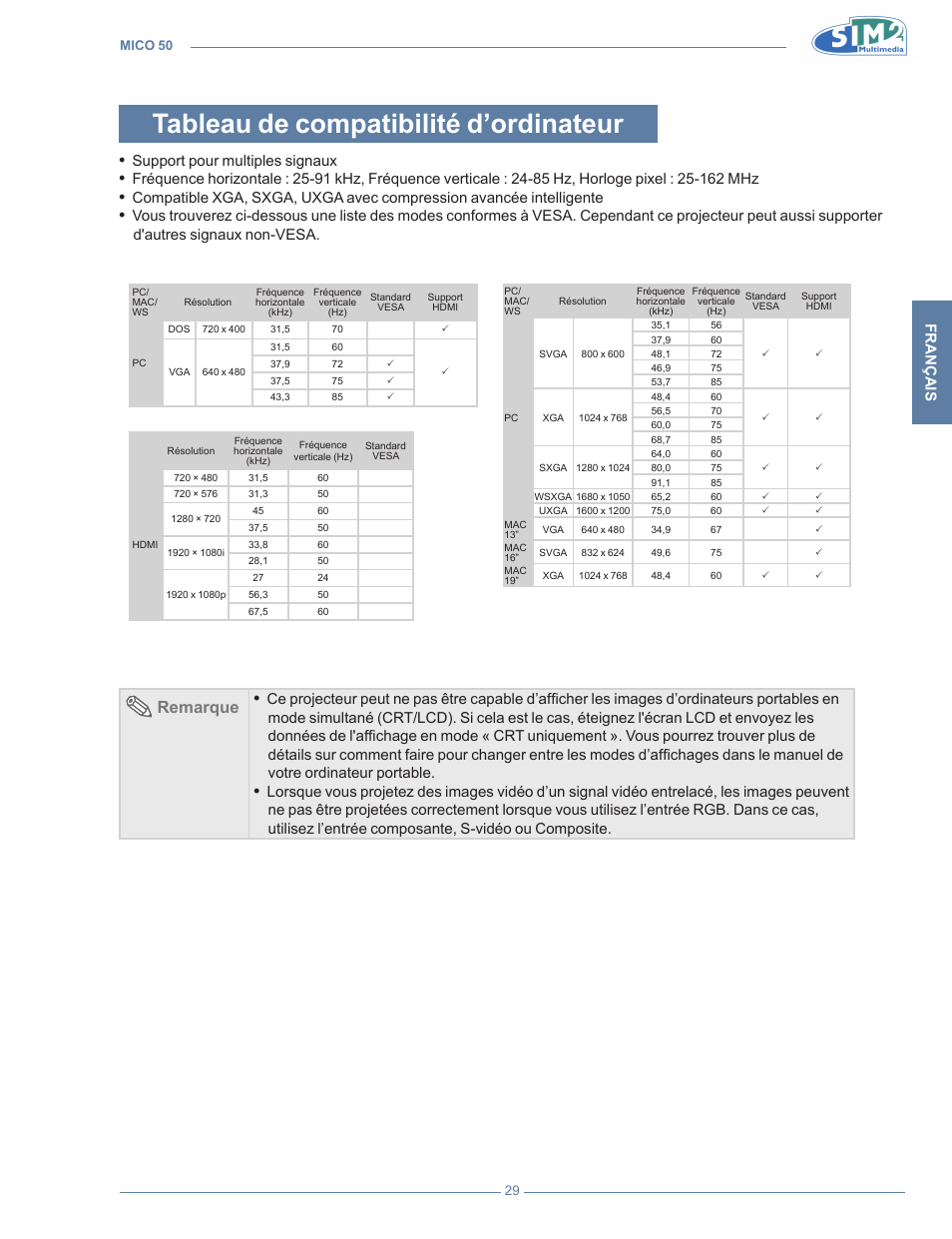 Tableau de compatibilité d’ordinateur, Remarque, Français | Support pour multiples signaux, D'autres signaux non-vesa | Sim2 MICO 50 User Manual | Page 101 / 277