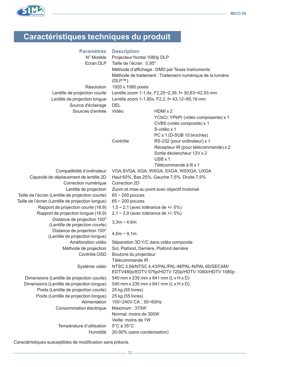 Caractéristiques techniques du produit | Sim2 MICO 50 User Manual | Page 104 / 277