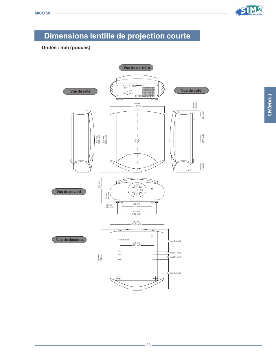 Dimensions lentille de projection courte, Unités : mm (pouces), Français | Mico 50 33 | Sim2 MICO 50 User Manual | Page 105 / 277