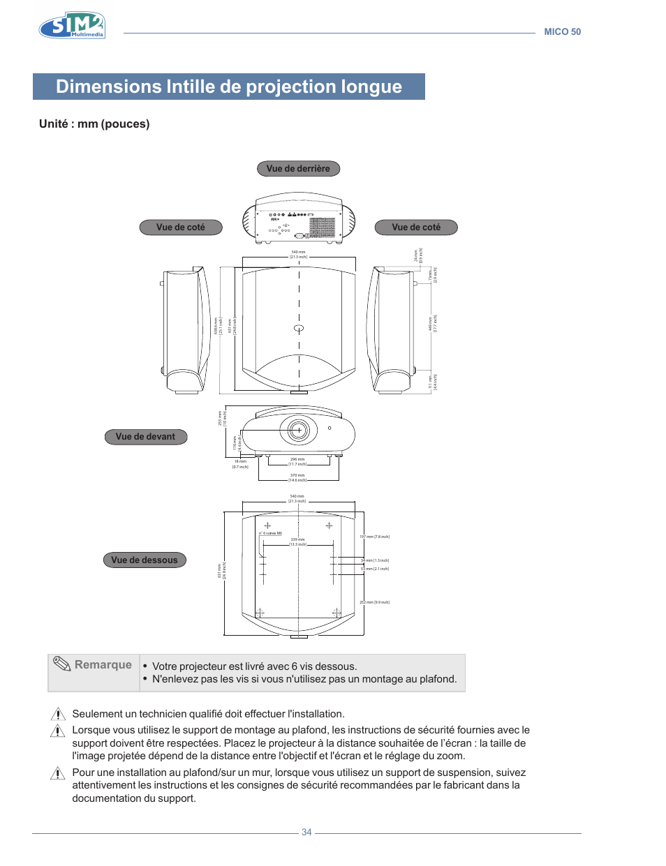 Dimensions lntille de projection longue, Unité : mm (pouces), Remarque | Votre projecteur est livré avec 6 vis dessous, Mico 50 34 | Sim2 MICO 50 User Manual | Page 106 / 277