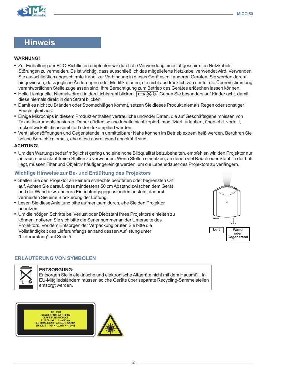 Hinweis | Sim2 MICO 50 User Manual | Page 108 / 277