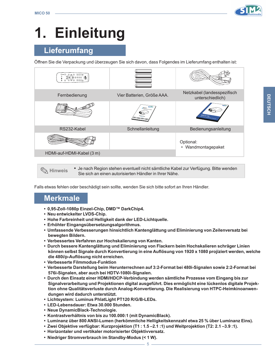 Einleitung, Lieferumfang, Merkmale | Einleitun, Einleitung 1 | Sim2 MICO 50 User Manual | Page 111 / 277