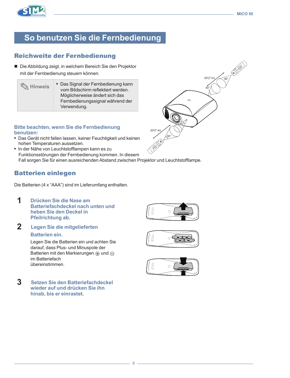 So benutzen sie die fernbedienung, Reichweite der fernbedienung, Batterien einlegen | Sim2 MICO 50 User Manual | Page 114 / 277