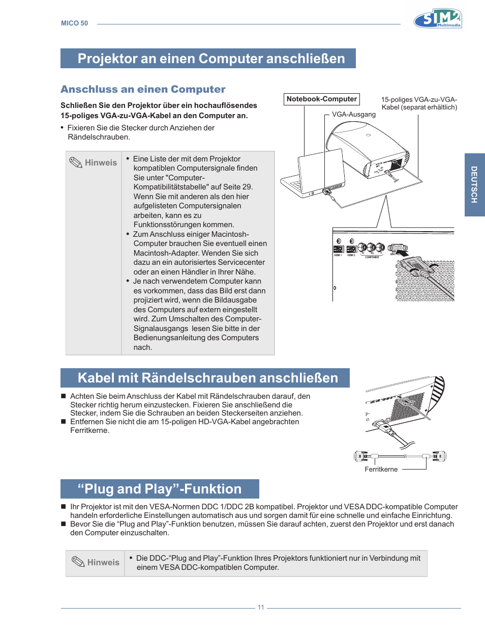 Projektor an einen computer anschließen, Anschluss an einen computer, Kabel mit rändelschrauben anschließen | Plug and play”-funktion | Sim2 MICO 50 User Manual | Page 117 / 277