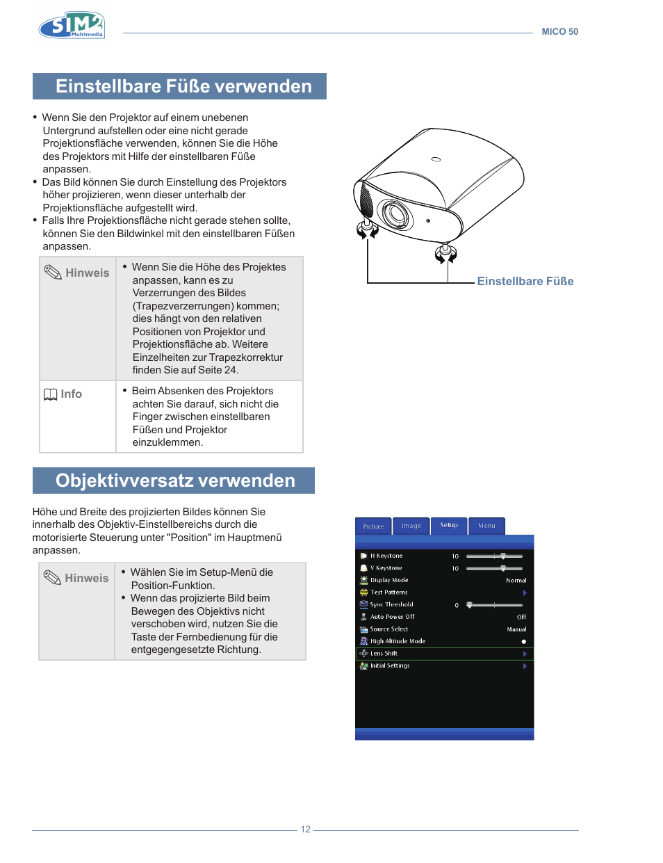 Einstellbare füße verwenden, Objektivversatz verwenden | Sim2 MICO 50 User Manual | Page 118 / 277