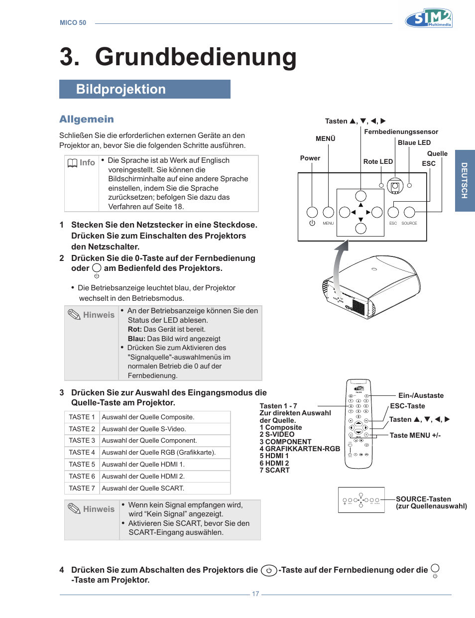 Grundbedienung, Bildprojektion, Allgemein | Grundbedienun, Grundbedienung 3 | Sim2 MICO 50 User Manual | Page 123 / 277