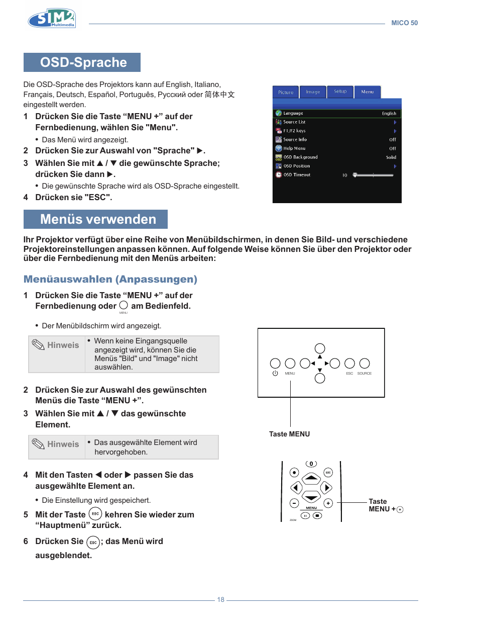 Osd-sprache, Menüs verwenden, Menüauswahlen (anpassungen) | Sim2 MICO 50 User Manual | Page 124 / 277
