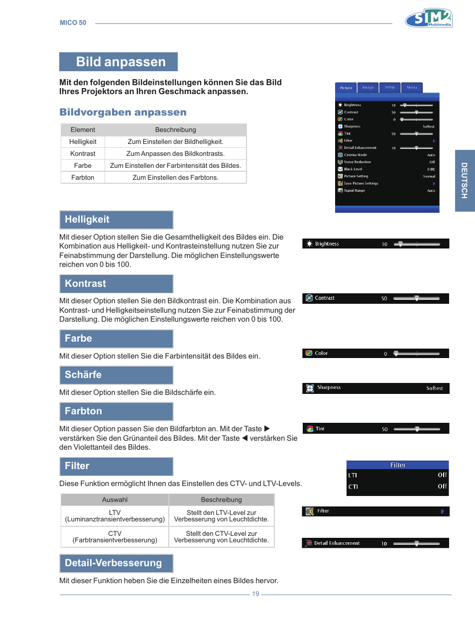 Bild anpassen, Bildvorgaben anpassen, Helligkeit | Kontrast, Farbe, Schärfe, Farbton, Filter, Detail-verbesserung | Sim2 MICO 50 User Manual | Page 125 / 277