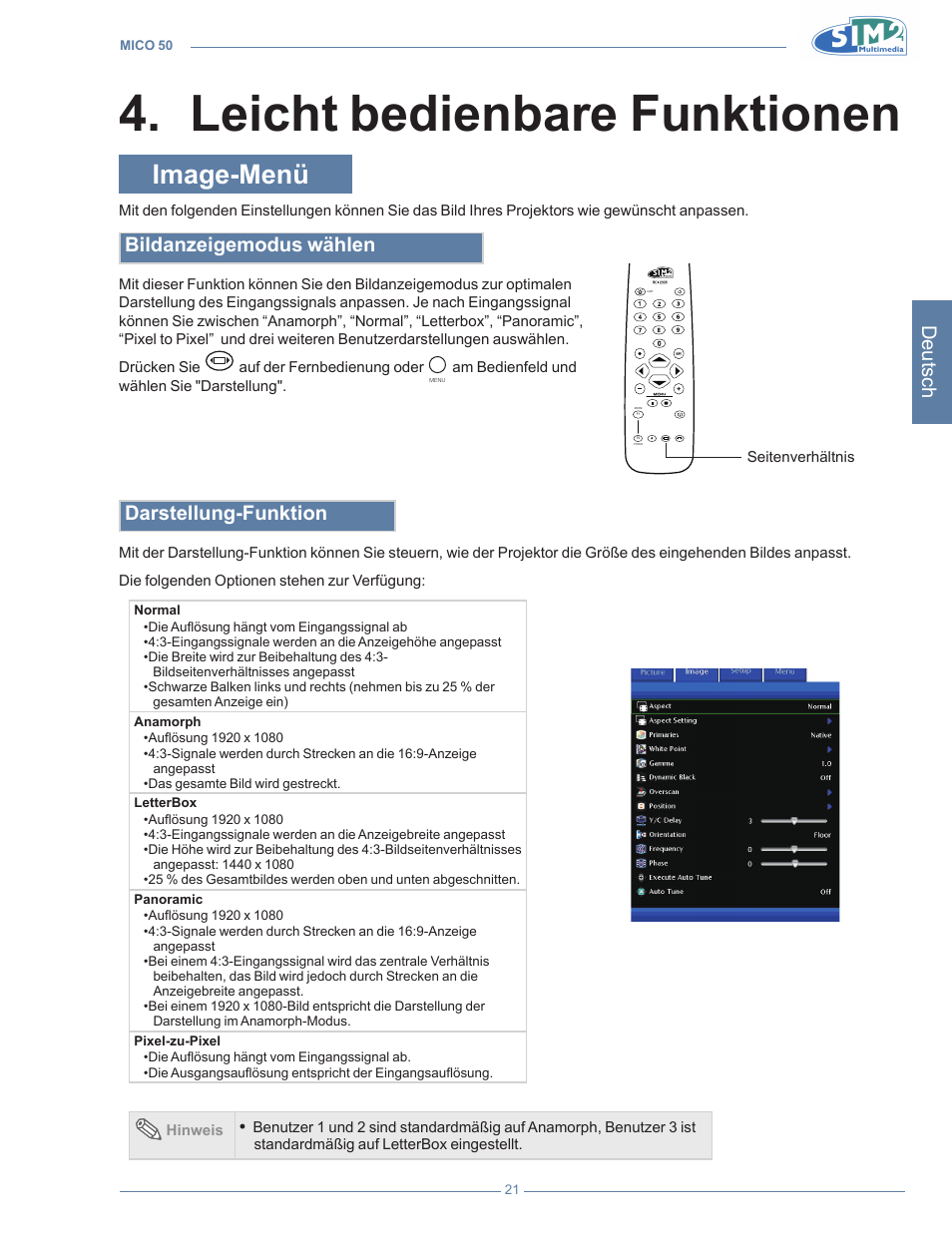 Leicht bedienbare funktionen, Image-menü, Leicht bedienbare funktione | Leicht bedienbare funktionen 4, Deutsch, Bildanzeigemodus wählen, Darstellung-funktion | Sim2 MICO 50 User Manual | Page 127 / 277