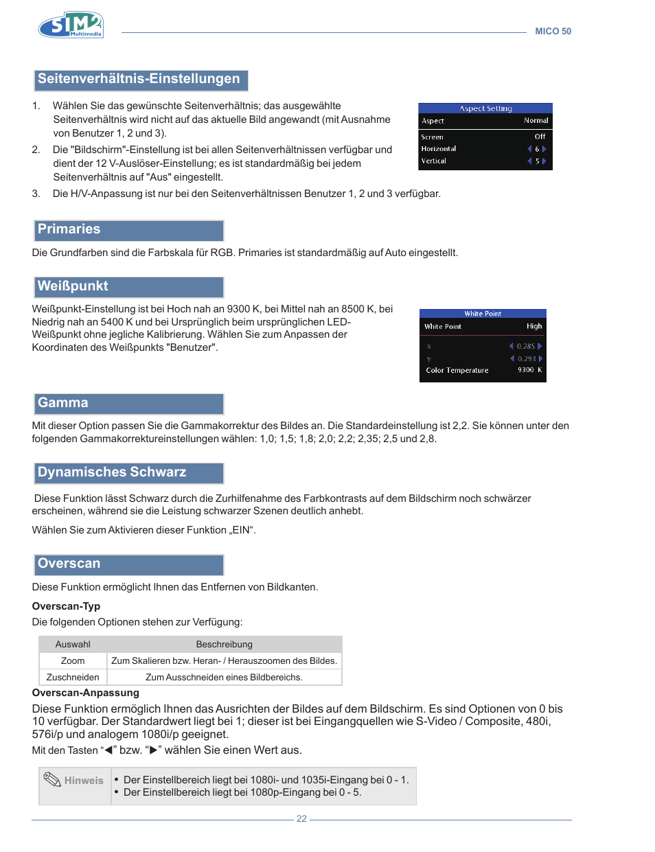 Seitenverhältnis-einstellungen, Primaries, Weißpunkt | Gamma, Dynamisches schwarz, Overscan | Sim2 MICO 50 User Manual | Page 128 / 277