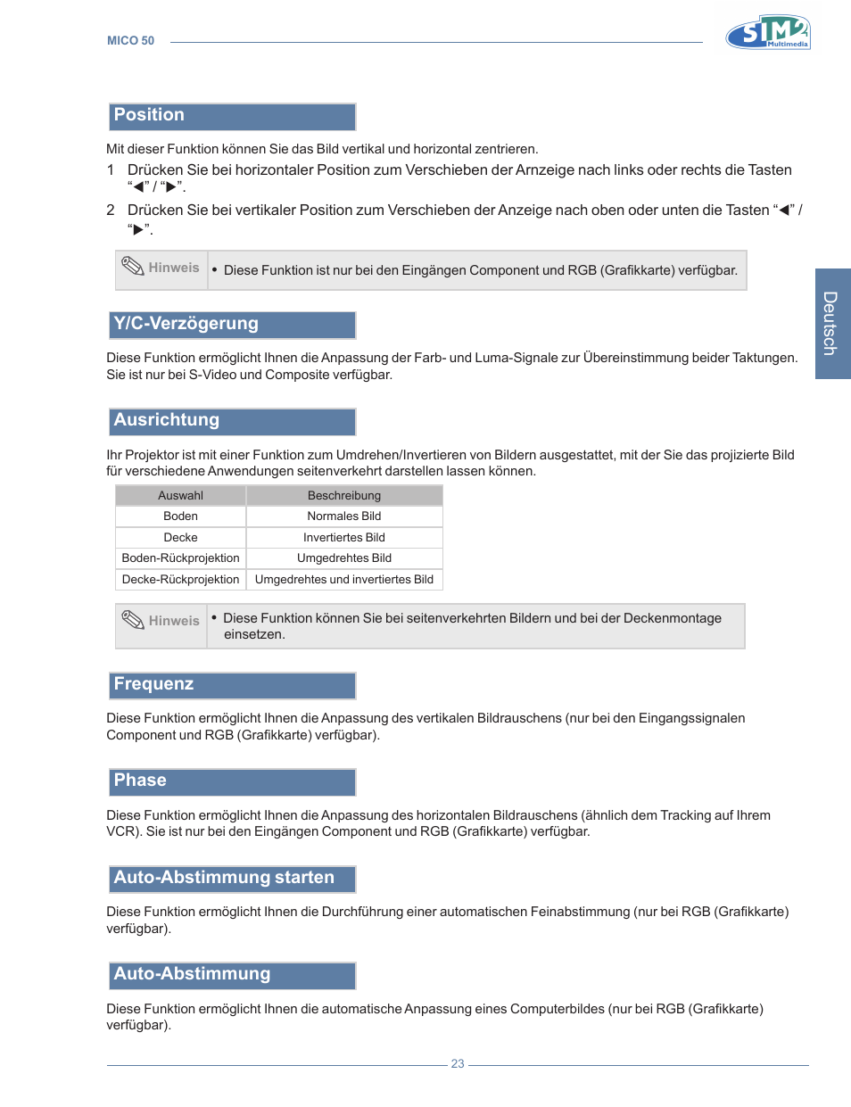 Deutsch, Position, Y/c-verzögerung | Ausrichtung, Frequenz, Phase, Auto-abstimmung starten, Auto-abstimmung | Sim2 MICO 50 User Manual | Page 129 / 277