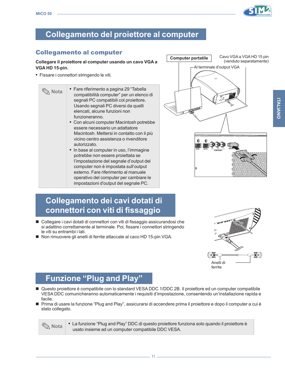 Collegamento del proiettore al computer, Collegamento al computer, Funzione “plug and play | Fissaggio | Sim2 MICO 50 User Manual | Page 13 / 277