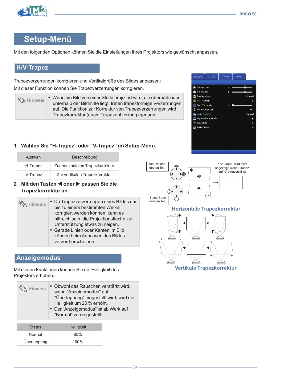 Setup-menü, H/v-trapez, Anzeigemodus | Sim2 MICO 50 User Manual | Page 130 / 277