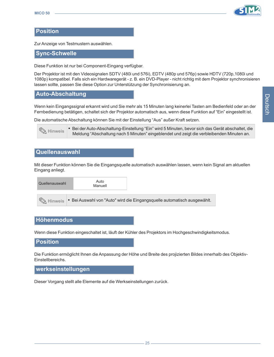 Deutsch, Position, Sync-schwelle | Auto-abschaltung, Quellenauswahl, Höhenmodus, Werkseinstellungen | Sim2 MICO 50 User Manual | Page 131 / 277