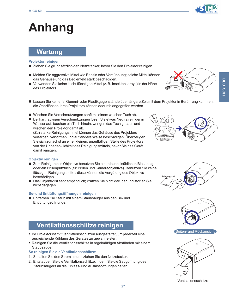 Anhang, Wartung, Ventilationsschlitze reinigen | Anhan | Sim2 MICO 50 User Manual | Page 133 / 277