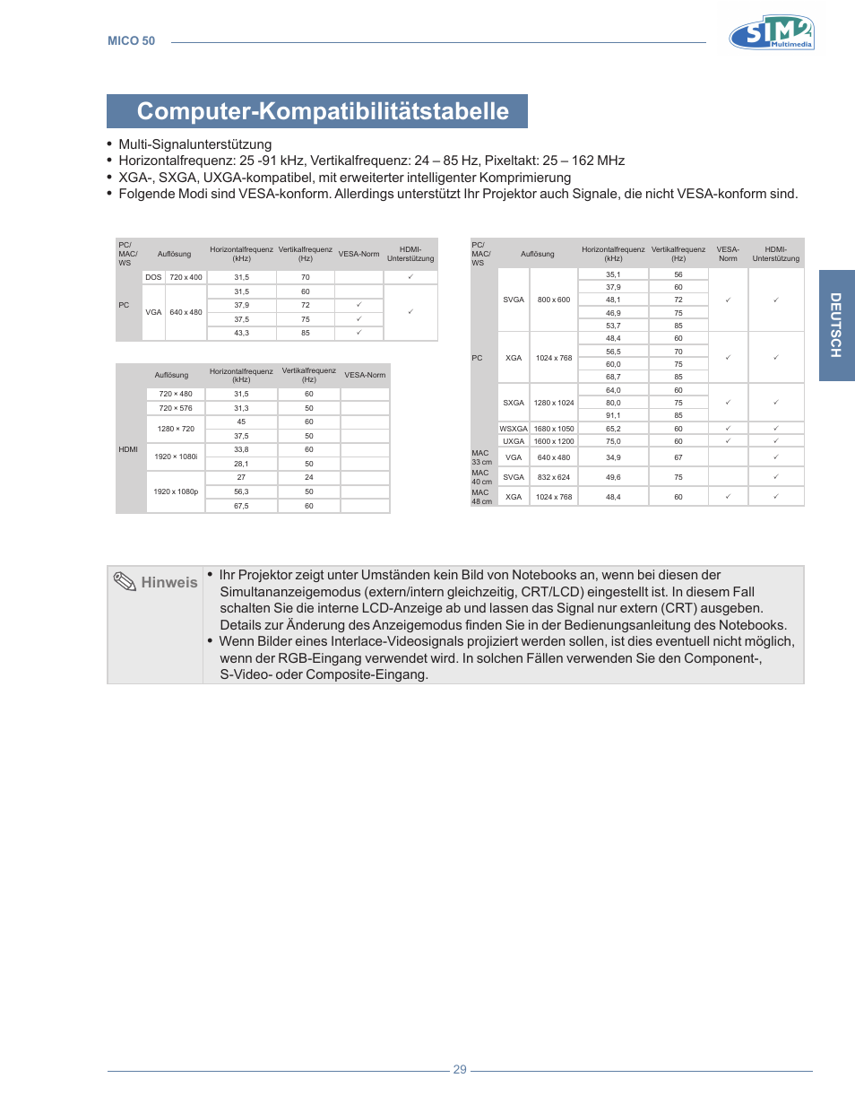 Computer-kompatibilitätstabelle, Hinweis, Deutsch | Multi-signalunterstützung, Mico 50 29 | Sim2 MICO 50 User Manual | Page 135 / 277