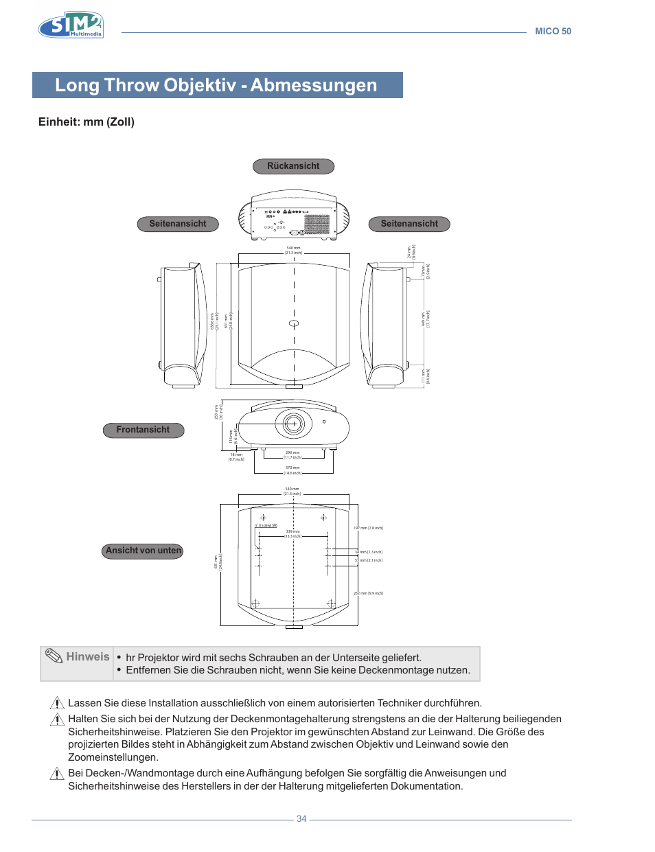 Long throw objektiv - abmessungen, Einheit: mm (zoll), Hinweis | Mico 50 34 | Sim2 MICO 50 User Manual | Page 140 / 277