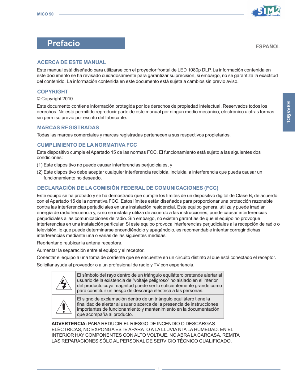 Prefacio | Sim2 MICO 50 User Manual | Page 141 / 277