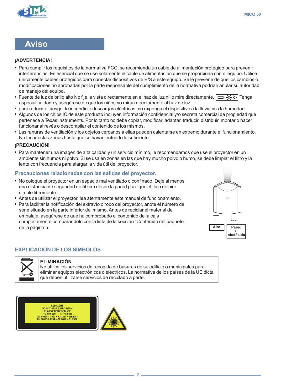Aviso | Sim2 MICO 50 User Manual | Page 142 / 277