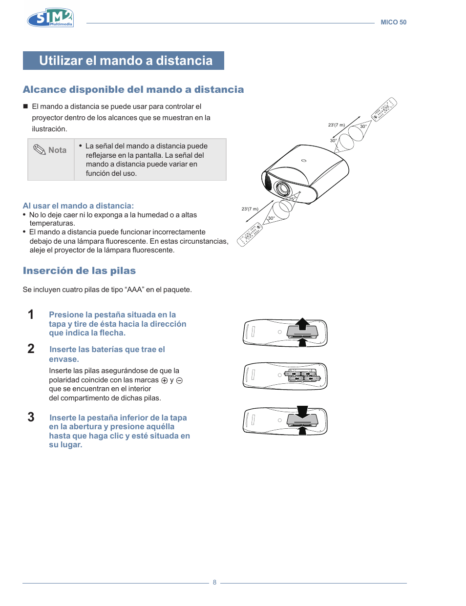 Utilizar el mando a distancia, Alcance disponible del mando a distancia, Inserción de las pilas | Sim2 MICO 50 User Manual | Page 148 / 277