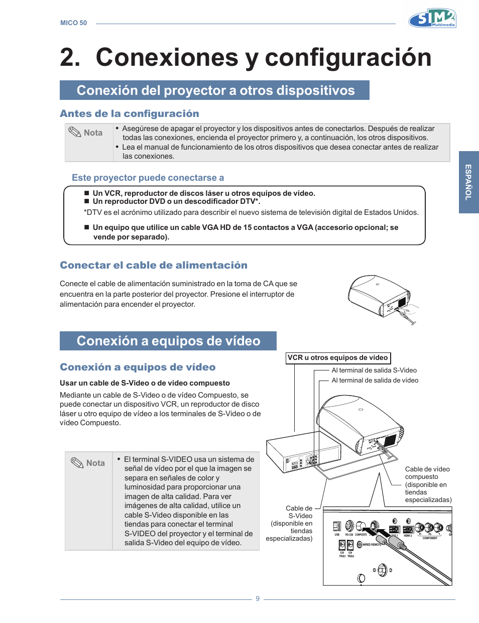 Conexiones y configuración, Conexión del proyector a otros dispositivos, Antes de la configuración | Conectar el cable de alimentación, Conexión a equipos de vídeo, Conexiones y configuració, Conexiones y configuración 2, Este proyector puede conectarse a | Sim2 MICO 50 User Manual | Page 149 / 277