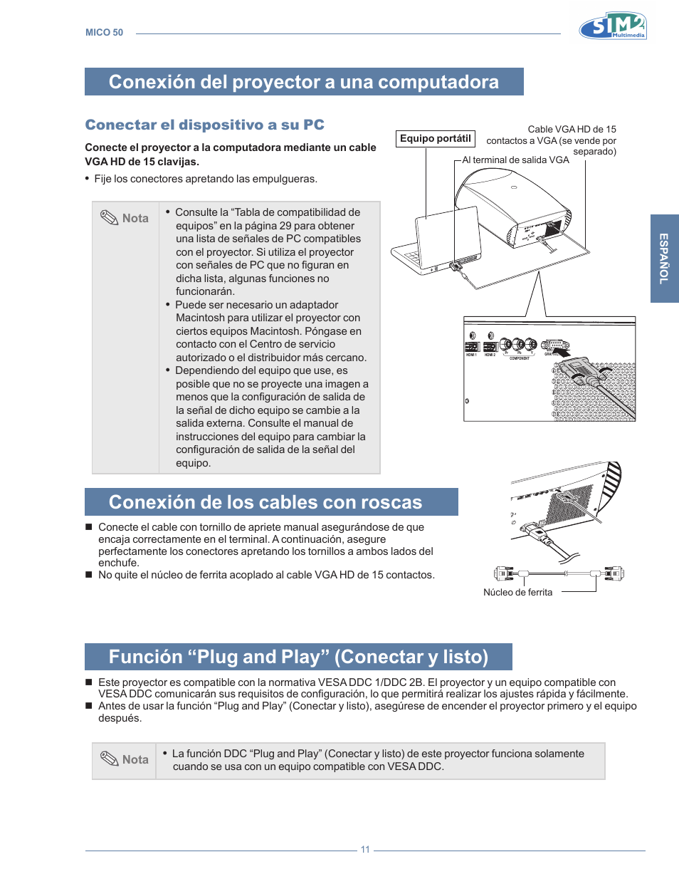 Conexión del proyector a una computadora, Conectar el dispositivo a su pc, Conexión de los cables con roscas | Función “plug and play” (conectar y listo) | Sim2 MICO 50 User Manual | Page 151 / 277