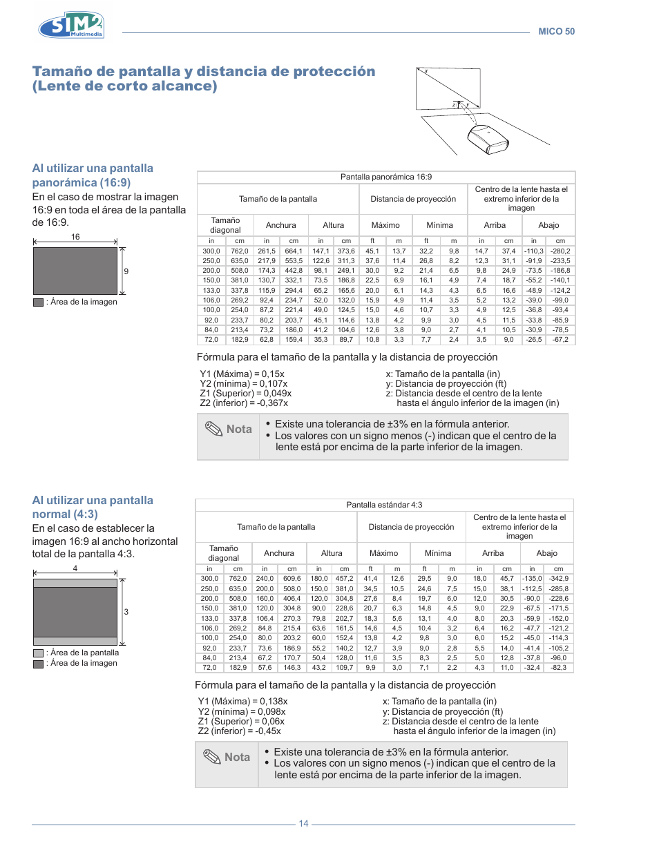 Tamaño de pantalla y distancia de protección, Lente de corto alcance), Al utilizar una pantalla panorámica (16:9) | Al utilizar una pantalla normal (4:3), Nota | Sim2 MICO 50 User Manual | Page 154 / 277
