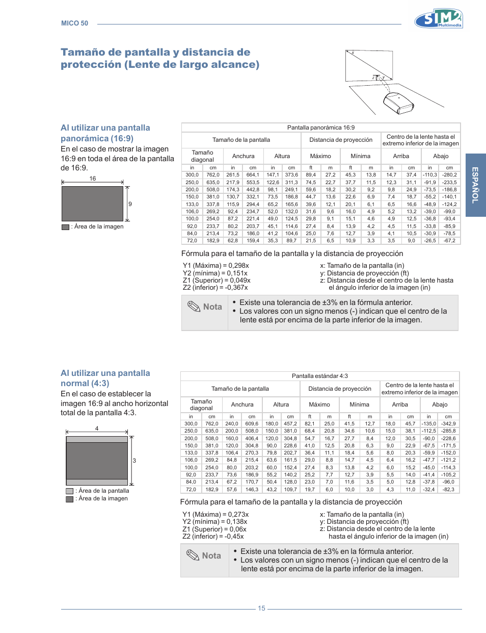 Tamaño de pantalla y distancia de protección, Lente de largo alcance), Al utilizar una pantalla panorámica (16:9) | Al utilizar una pantalla normal (4:3), Nota, Esp añol | Sim2 MICO 50 User Manual | Page 155 / 277