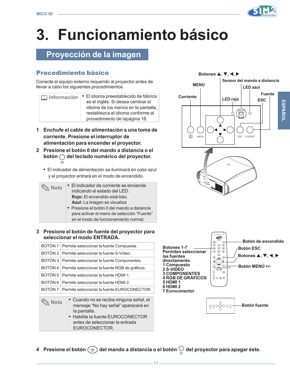 Funcionamiento básico, Proyección de la imagen, Procedimiento básico | Funcionamiento básic, Funcionamiento básico 3 | Sim2 MICO 50 User Manual | Page 157 / 277